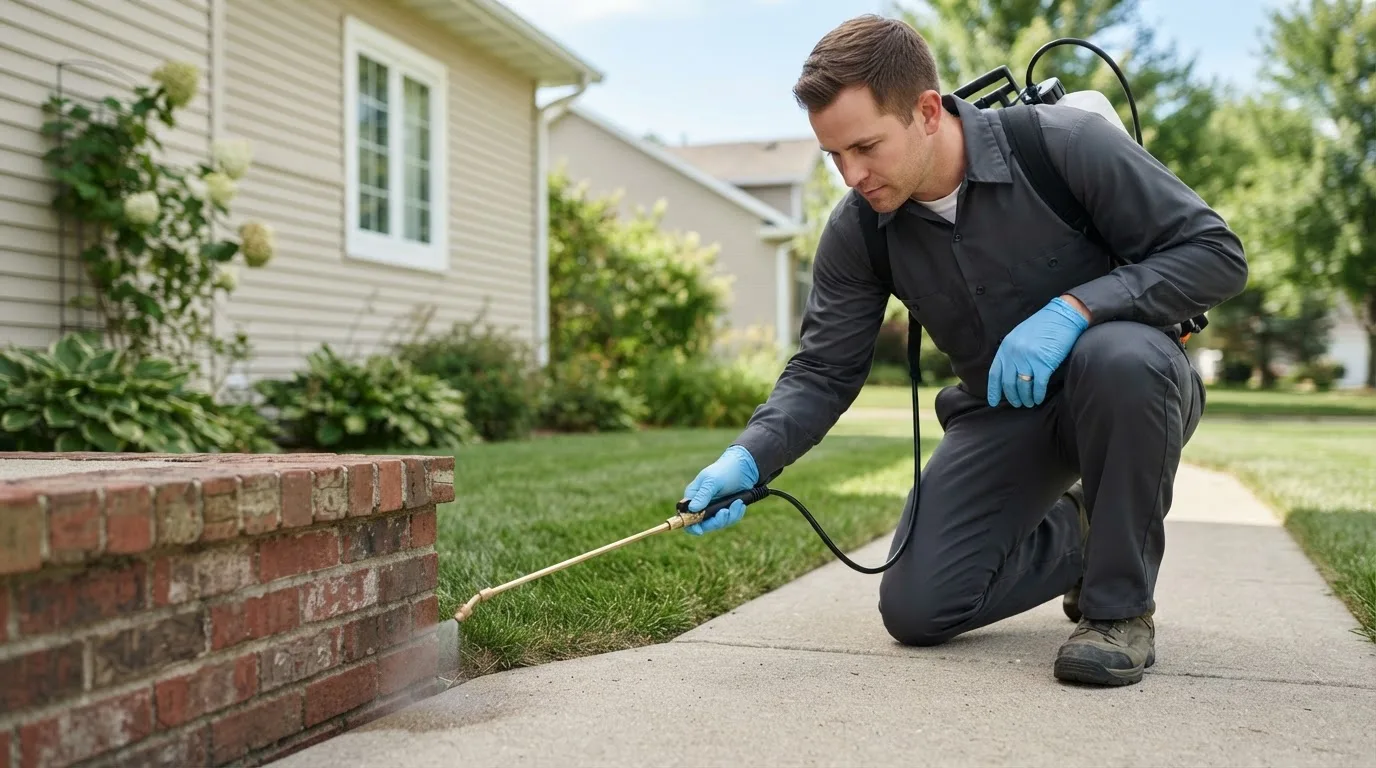 Pest control technician treating a home near Grand Saline, TX